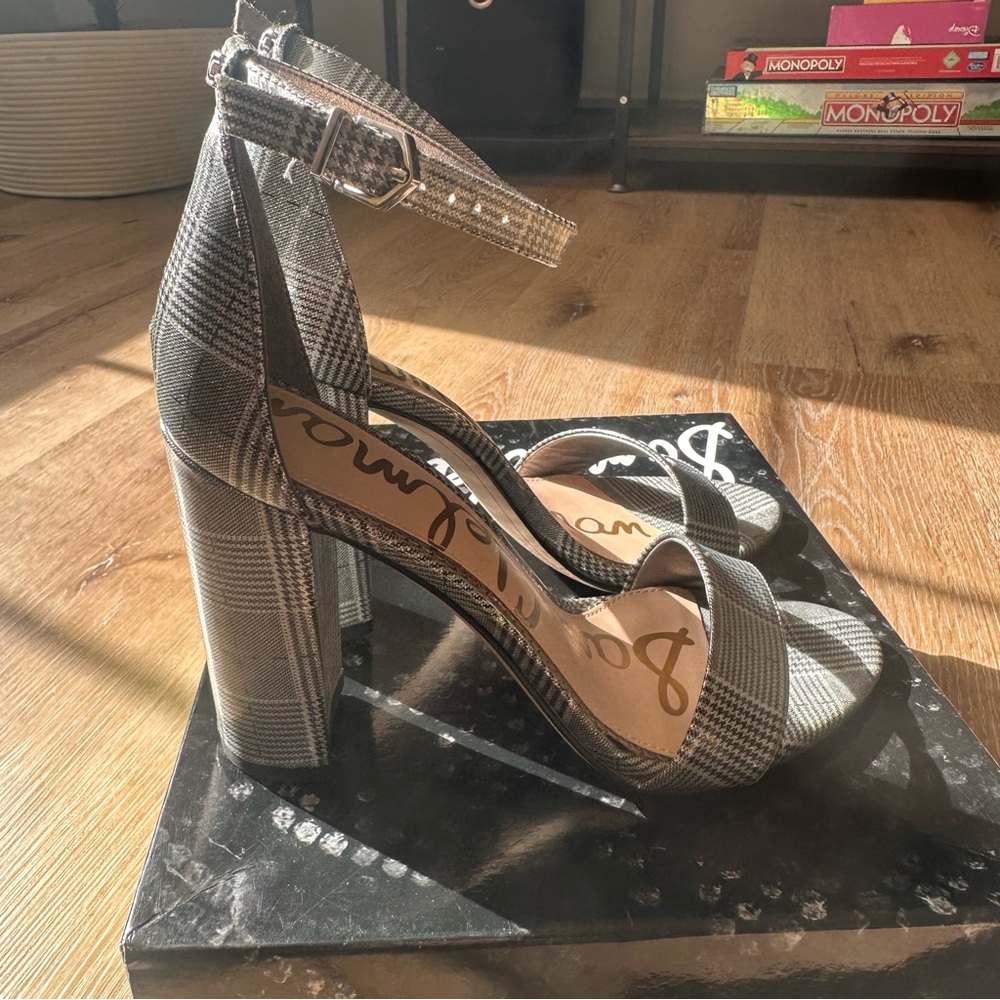 Sam Edelman Yaro Ankle Strap Sandal, Black And White Plaid Pewter, size 7